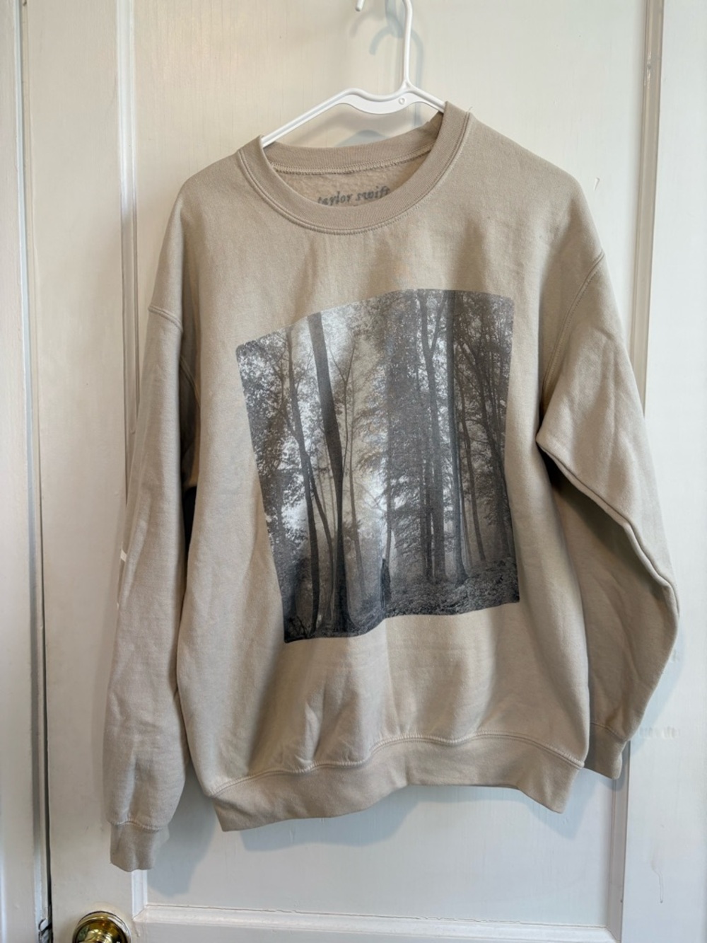 Taylor Swift Taupe Crewneck Sweater with Monochrome Forest Print